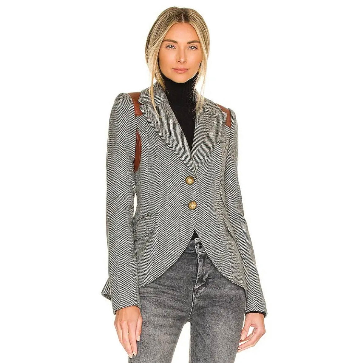 SMYTHE 
Rifle-Patch Equestrian Blazergrey - Grey Herringbone & Mahogany Leather