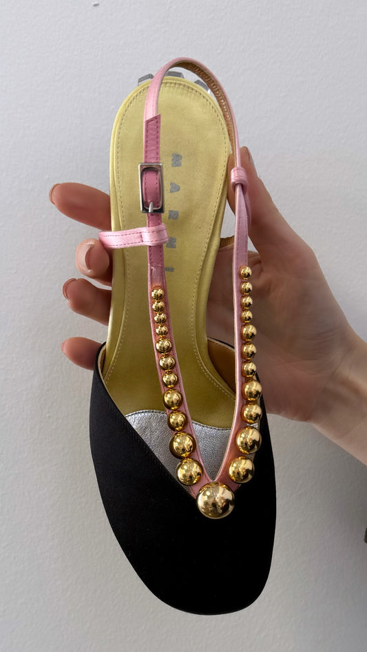 Marni - Satin, Studded & Crystalized Slingback Heels