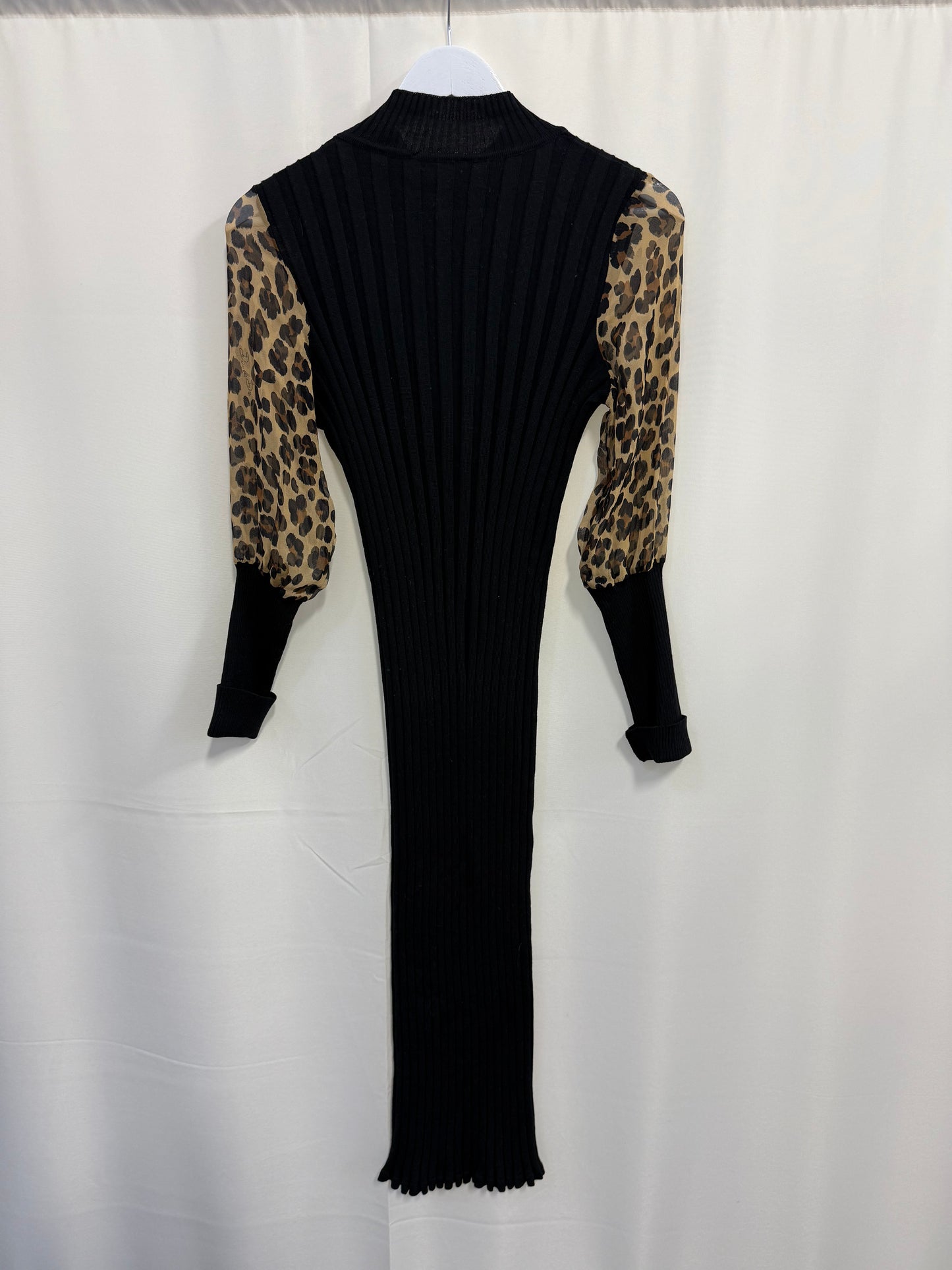 Daniela Drei - Black Ribbed Dress with Chiffon Leopard Sleeves