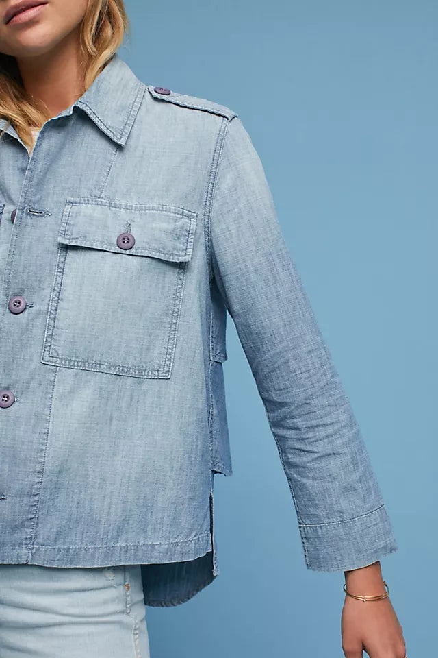 AMO 100% cotton denim button up, purple buttons