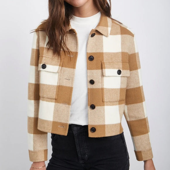 RAILS cropped shacket, brown and cream plaid
