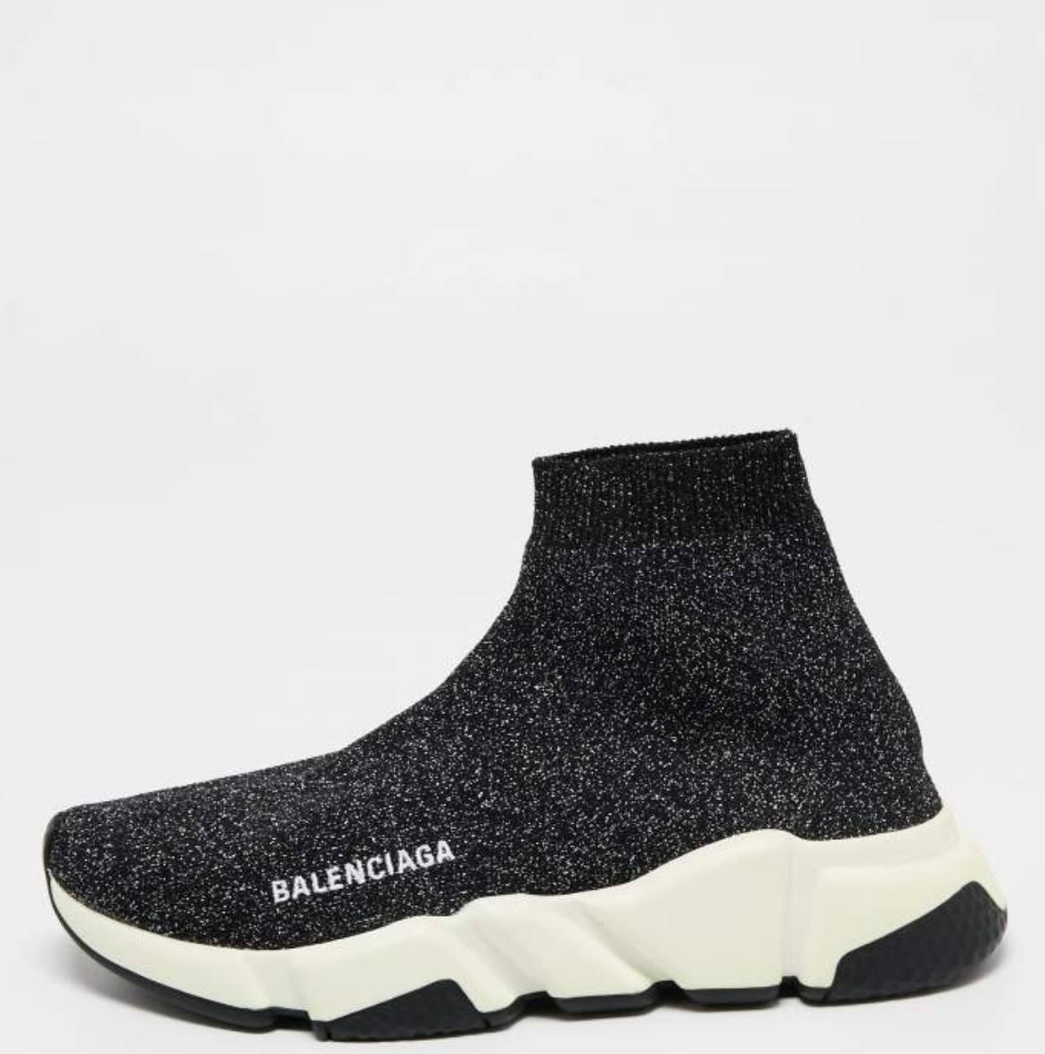 Balenciaga Black/Silver Glitter Knit Fabric Speed Trainer High-Top Sneakers