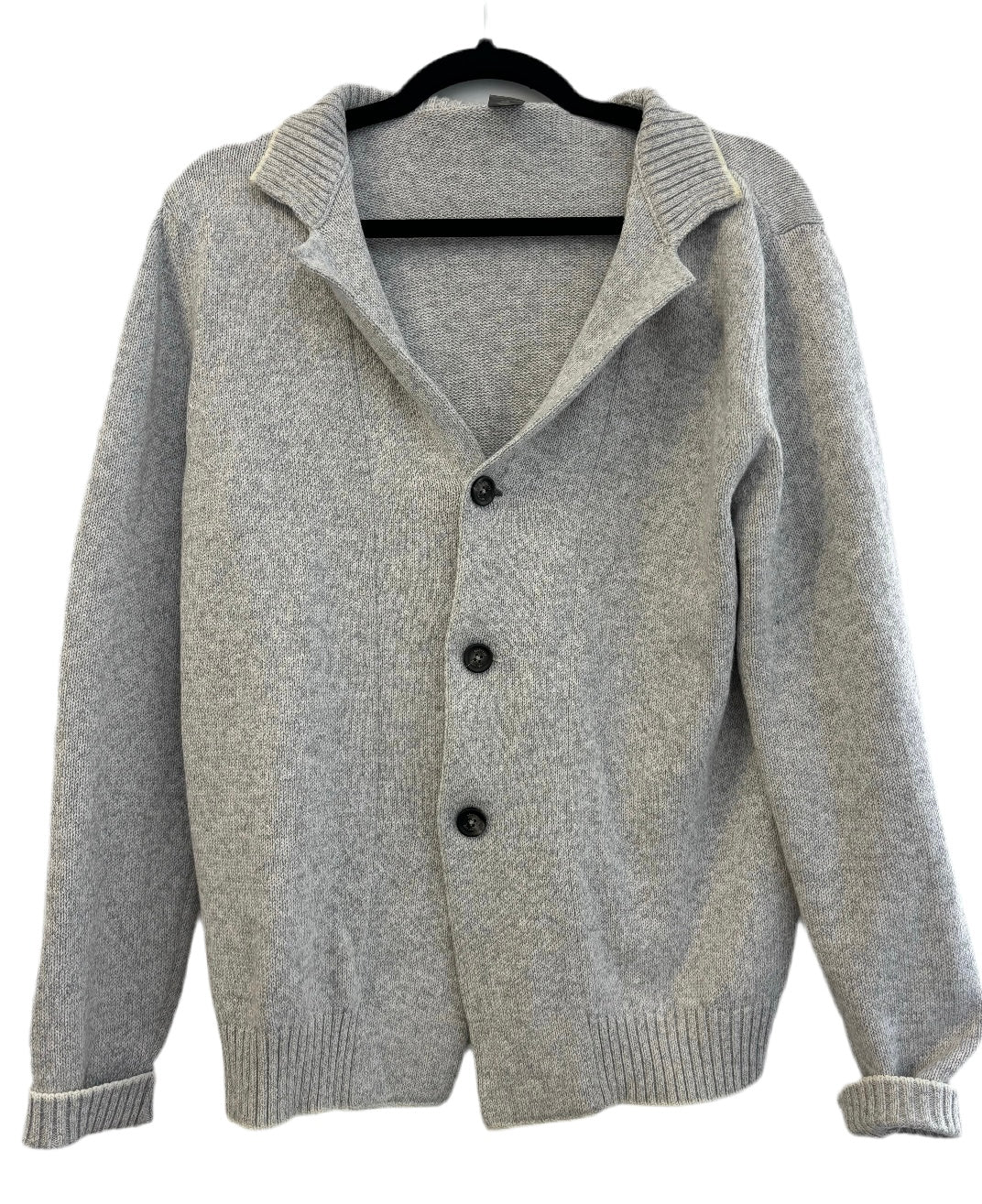 ELEVENTY grey v neck knit button up sweater with cream trim on collar