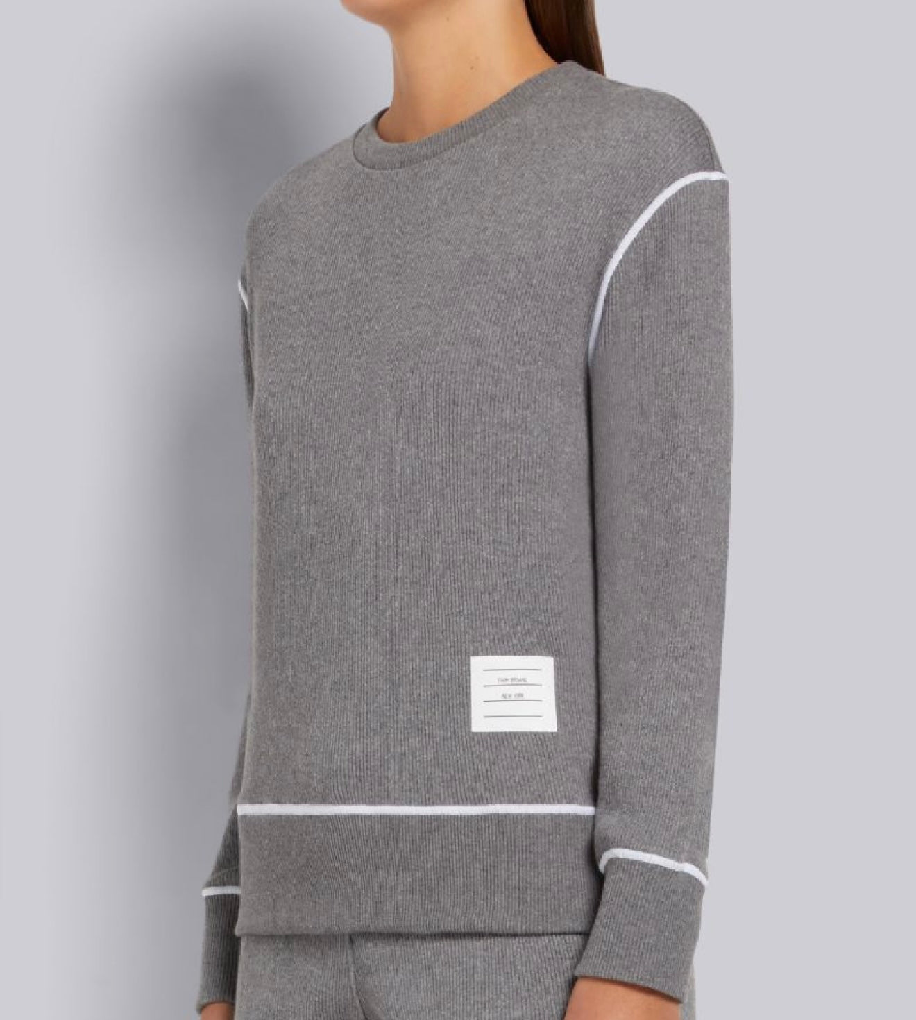 THOM BROWNE -  GREY MESH BACK COTTON RIB CONTRAST COVER STITCH CREW NECK PULLOVER SWEATSHIRT