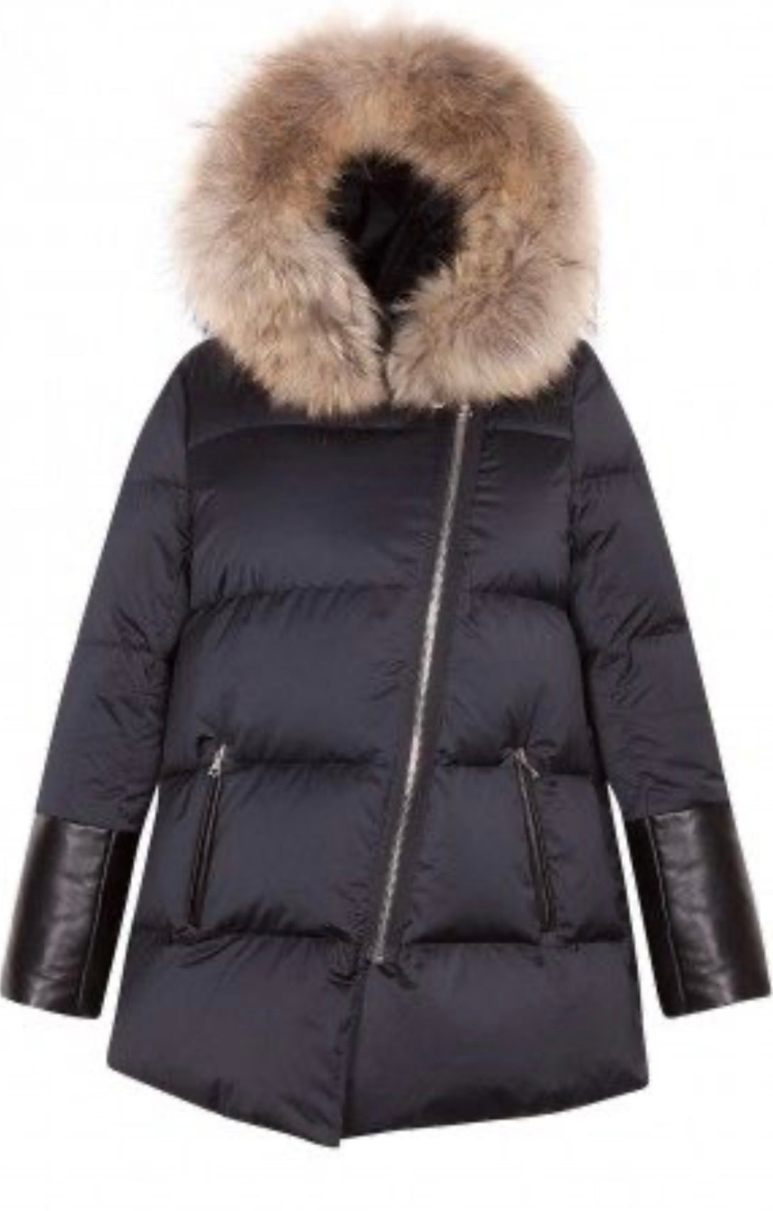 Sandro - Black Puffer Down Jacket W/ Genuine Fur Trim Hood