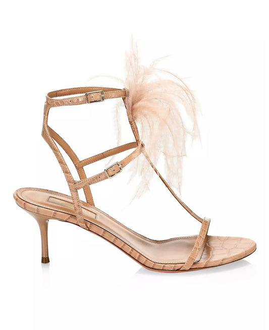 Aquazzura
Ponza Feather-Trimmed Croc-Embossed Leather Sandals