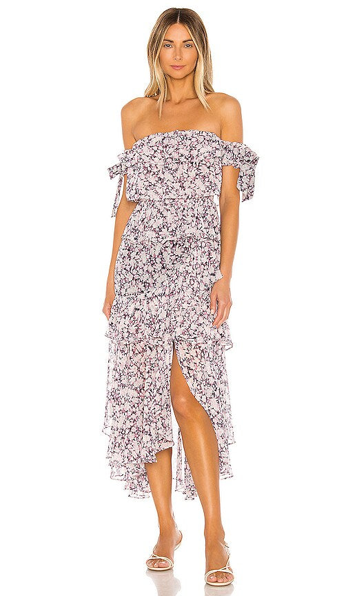 MISA purple floral off shoulder dress
