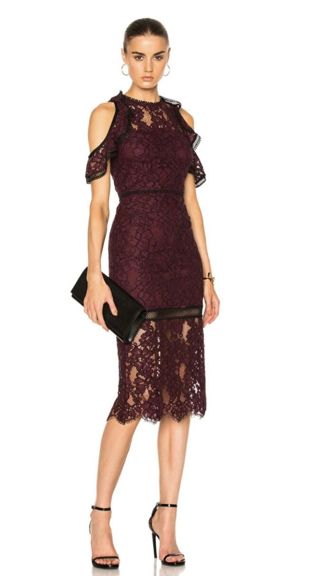 Alexis Evie burgundy cold shoulder lace midi sheath dress