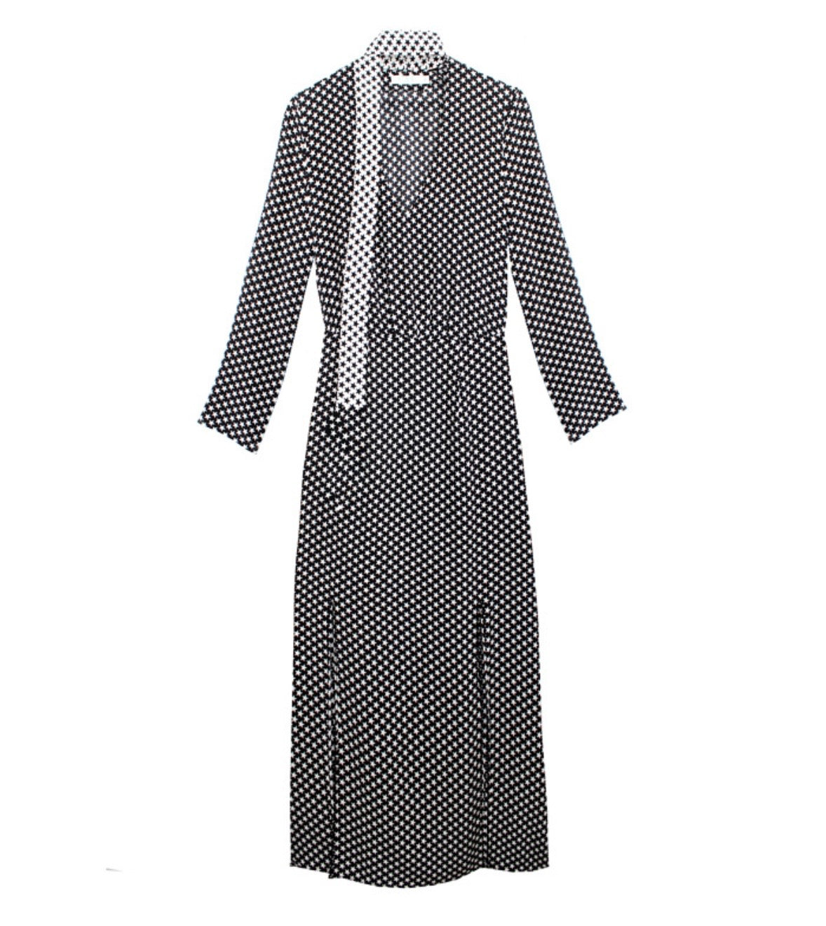 RIXO black and white star print long sleeve maxi dress w neck tie