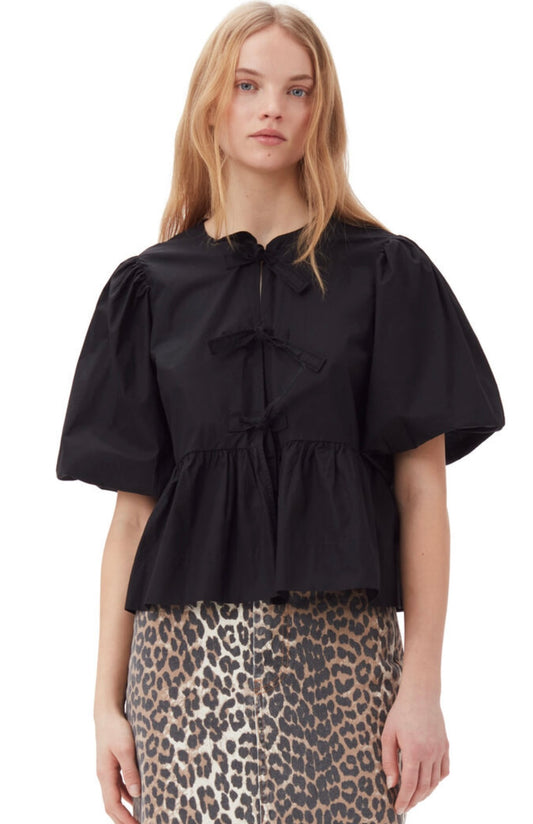 GANNI - COTTON POPLIN PEPLUM TIE BLOUSE