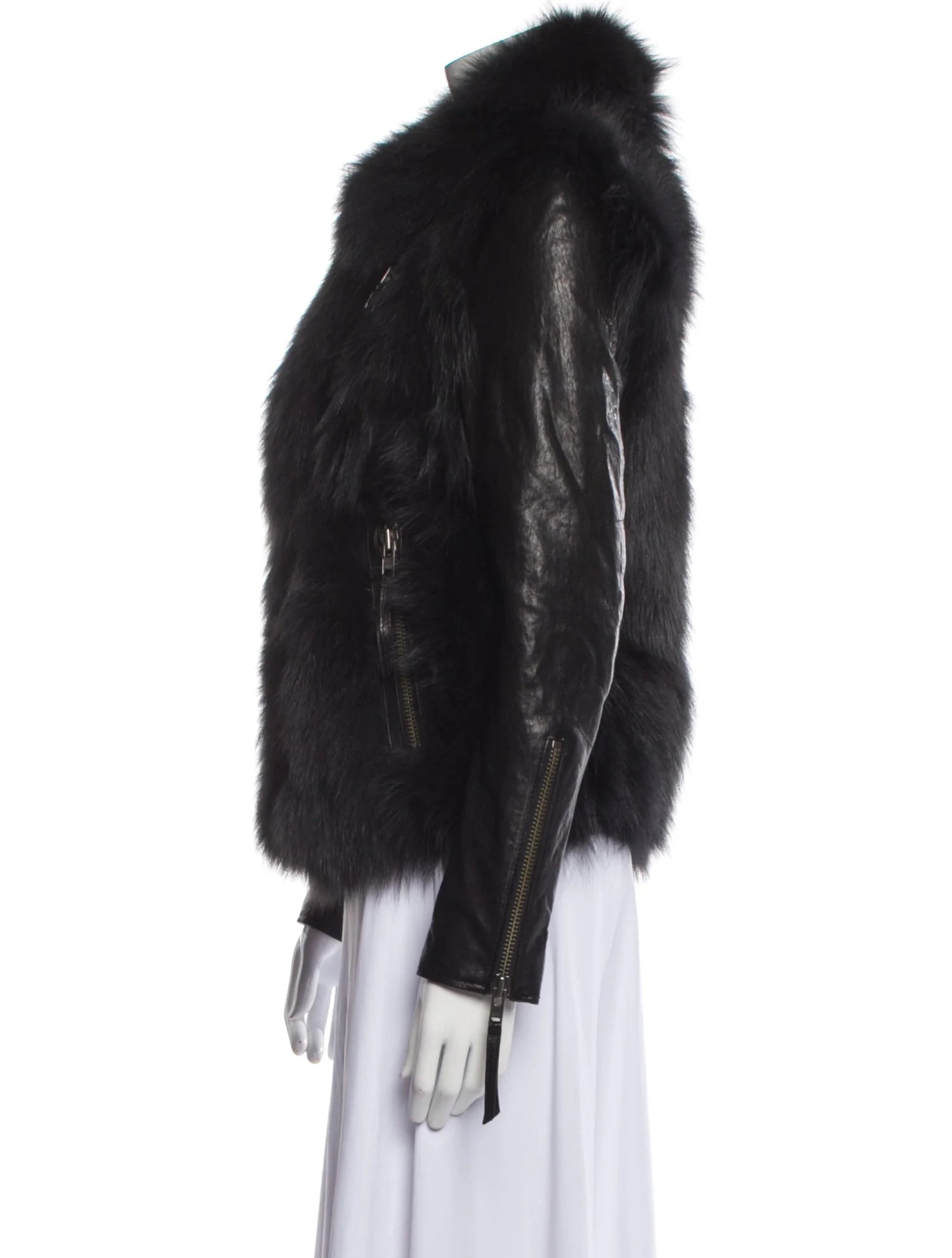SAM NEW YORK fur and leather jacket, black leather removable sleeves, blue and black fox and raccoon fur