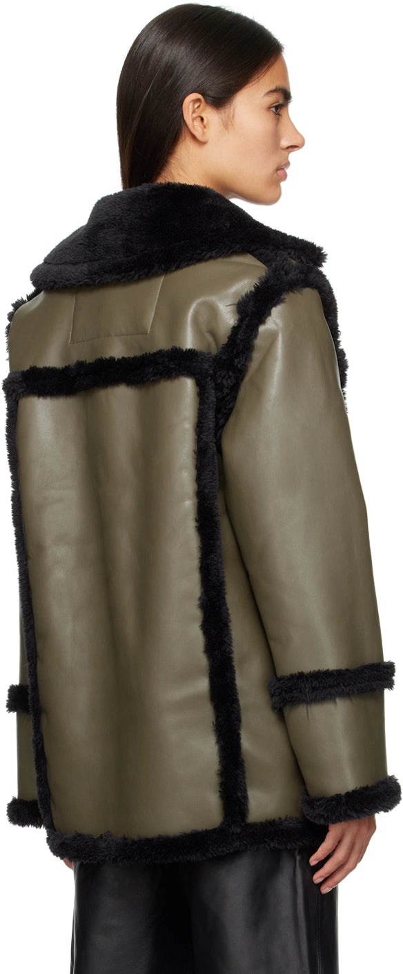 PROENZA SCHOULER WHITE LABEL green faux leather coat with black fur lapel and trim