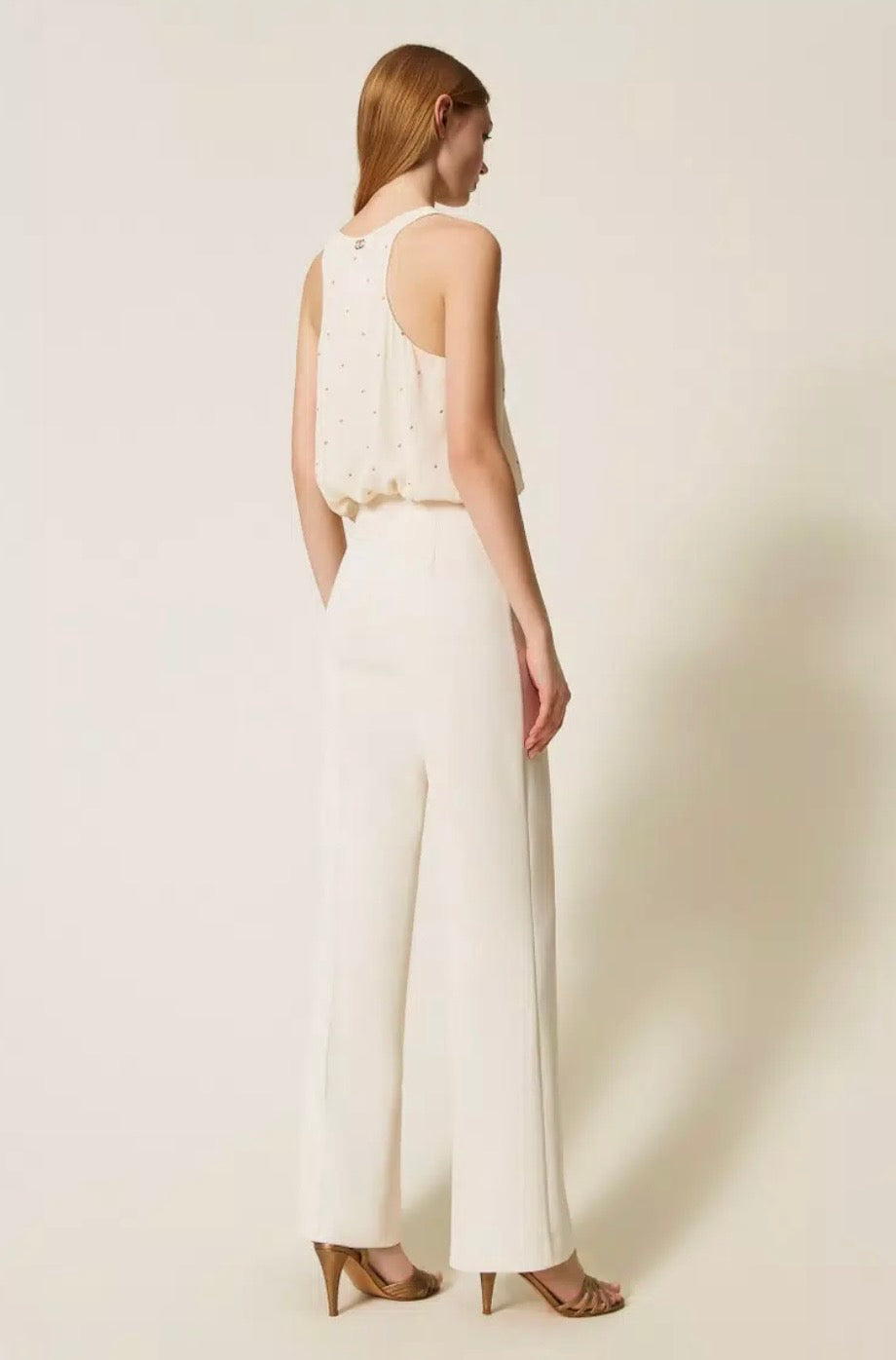 Twinset crepe cady cream pleated pants with gold chain