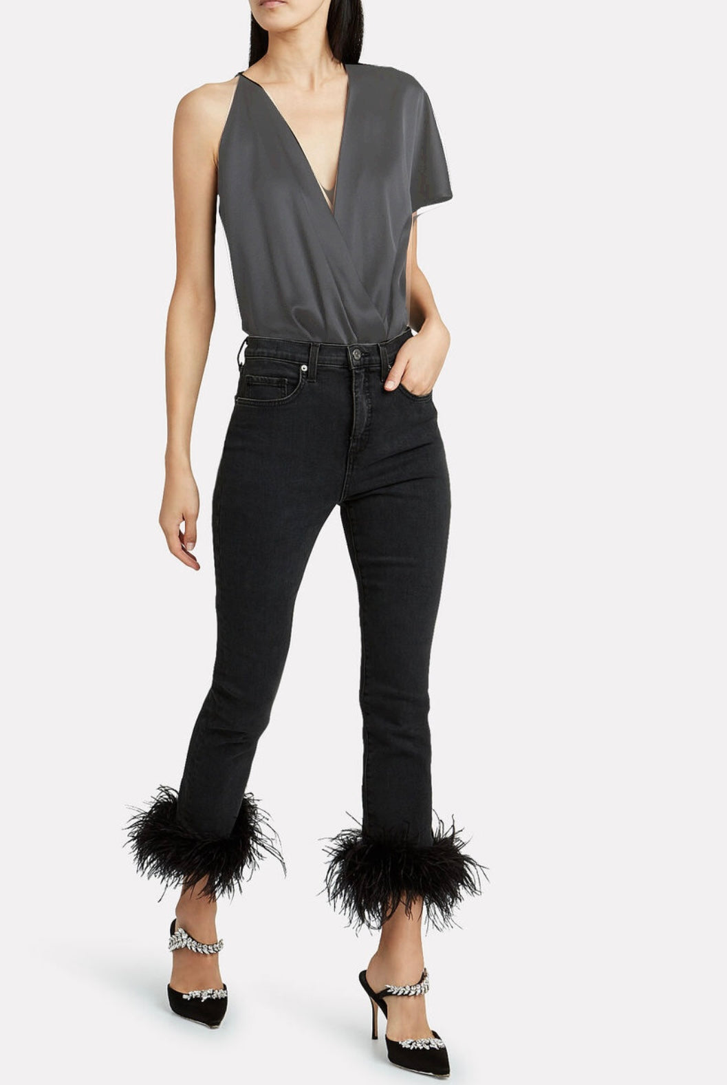 VERONICA BEARD
Kareena Feather-Trimmed Skinny Jeans