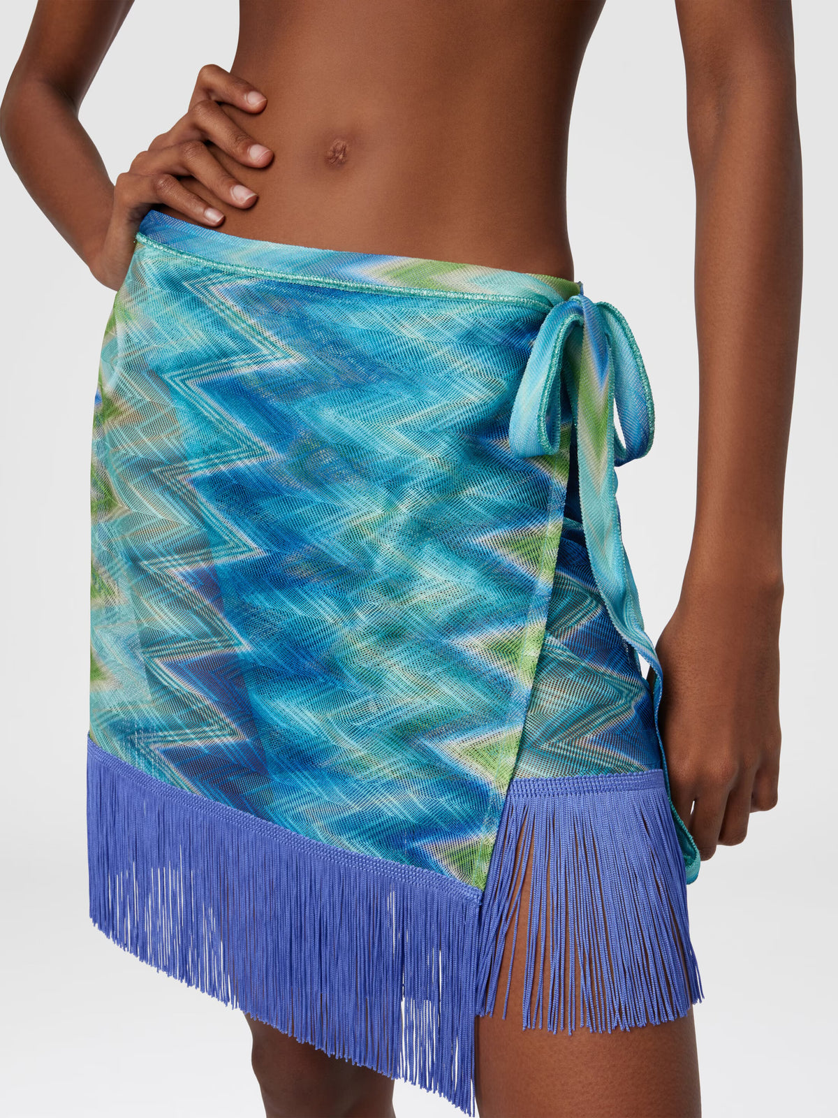 Missoni Blue Zigzag Knit Halter and Fringe skirt wrap set