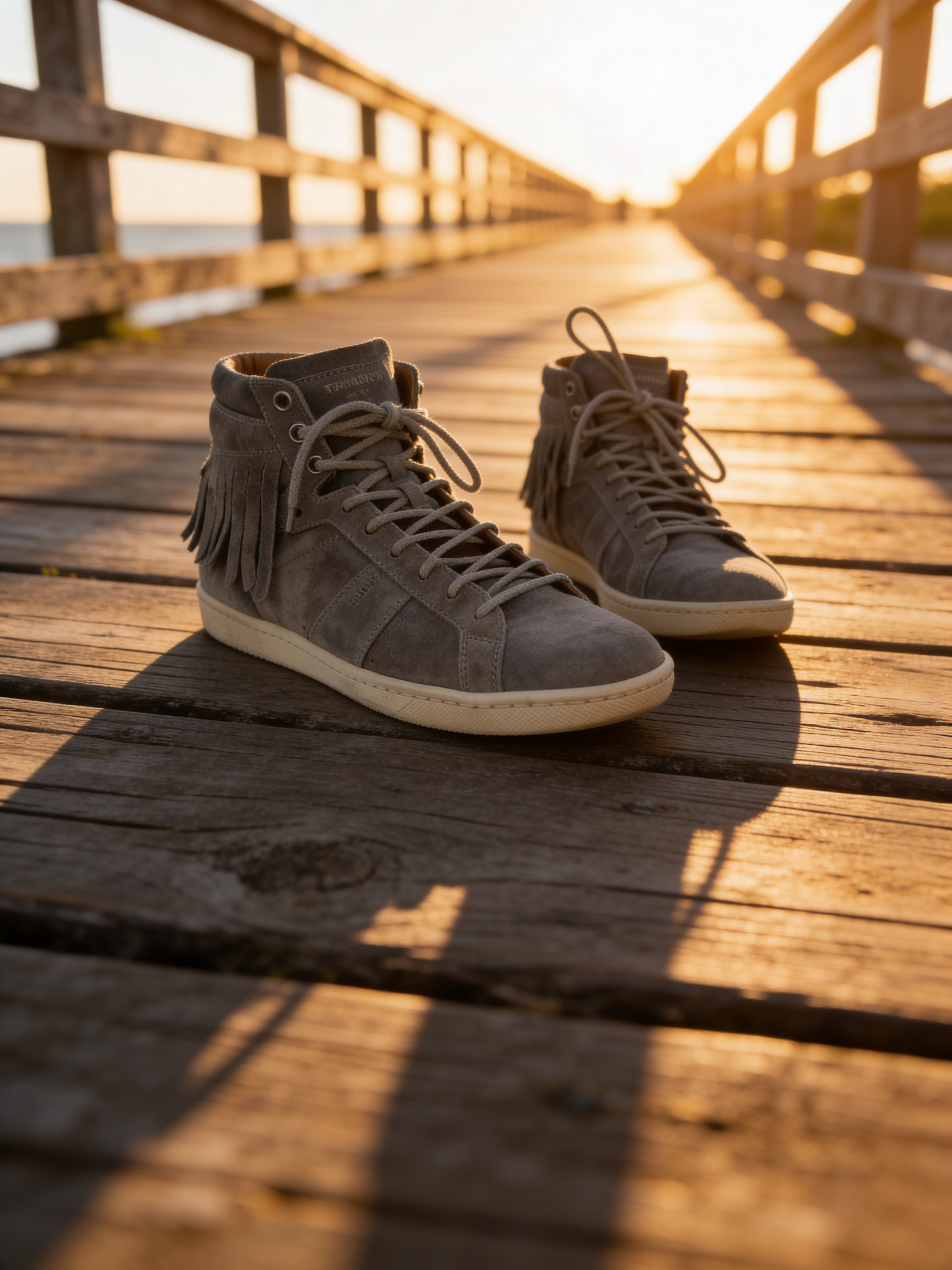 SAINT LAURENT  SUEDE FRINGE TRIM SNEAKERS GREY