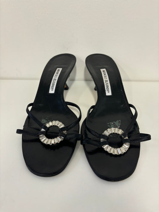 MANOLO BLAHNIK black kitten heel sandal with crystal