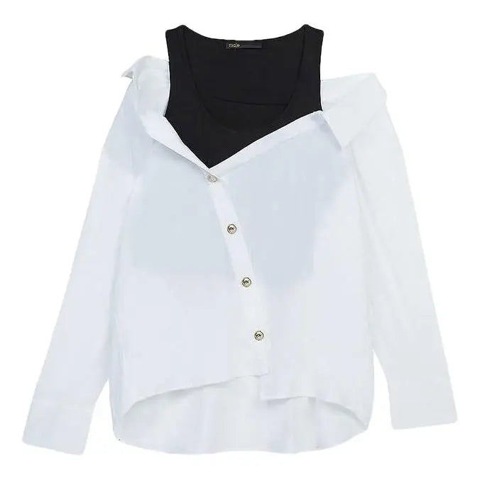 MAJE white poplin top with black tank and buttons