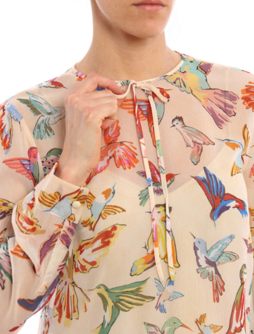 RED VALENTINO 
Hummingbird print silk blouse