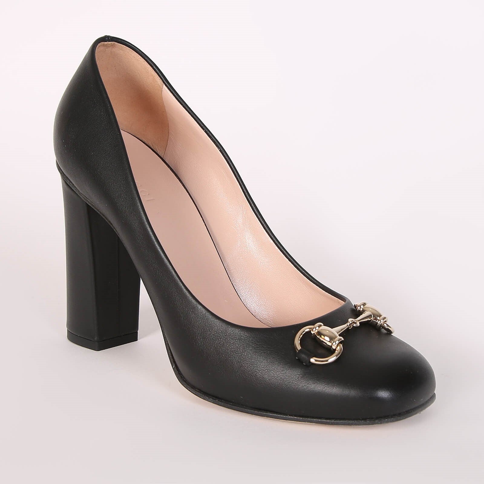 GUCCI black leather block heel with silver horsebit, w dustbags