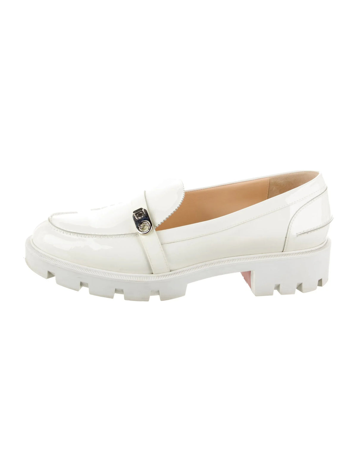 CHRISTIAN LOUBOUTIN PATENT LEATHER LOAFERS IN WHITE