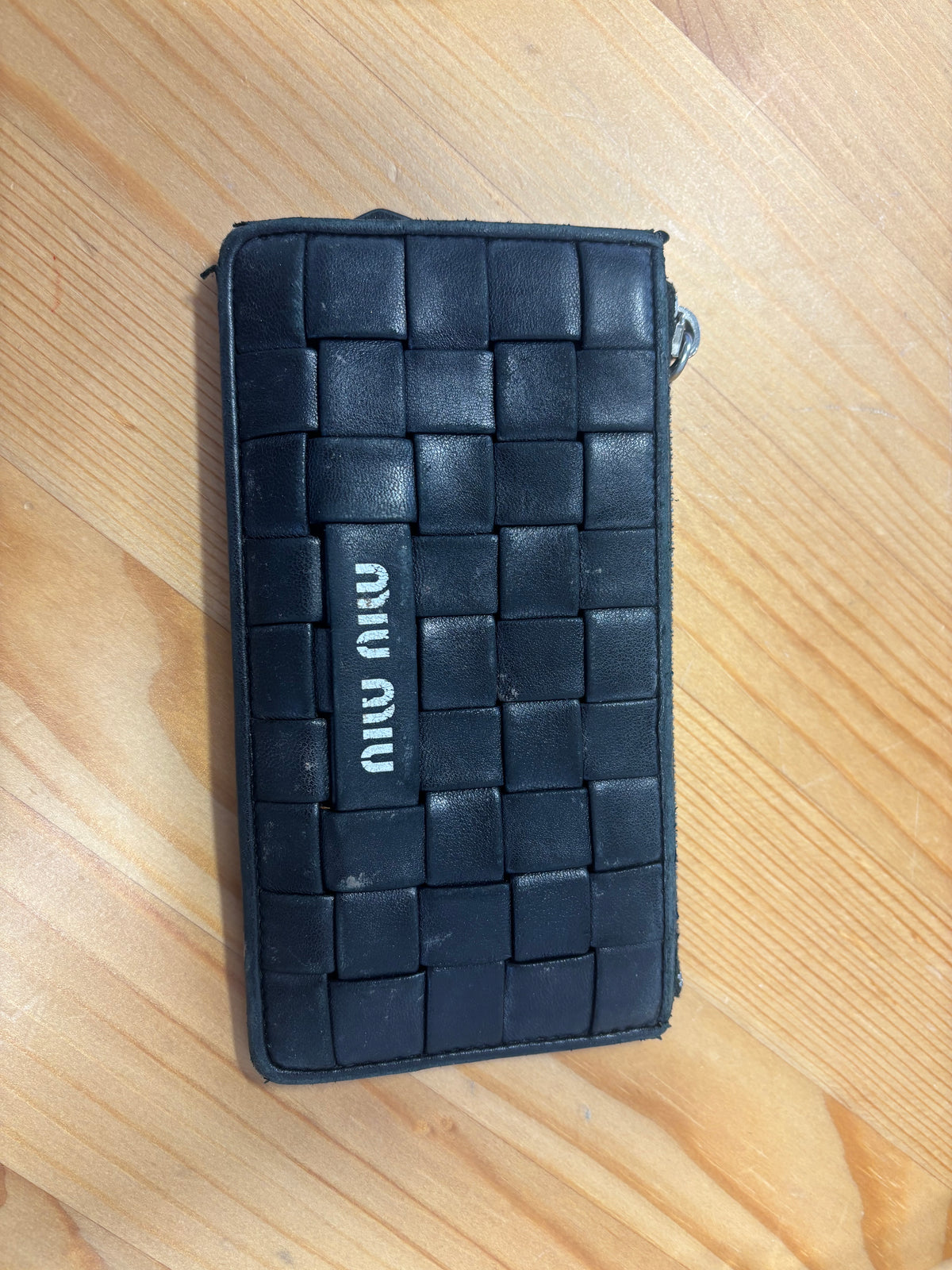 Miu Miu Black Woven Leather Zip Card Holder