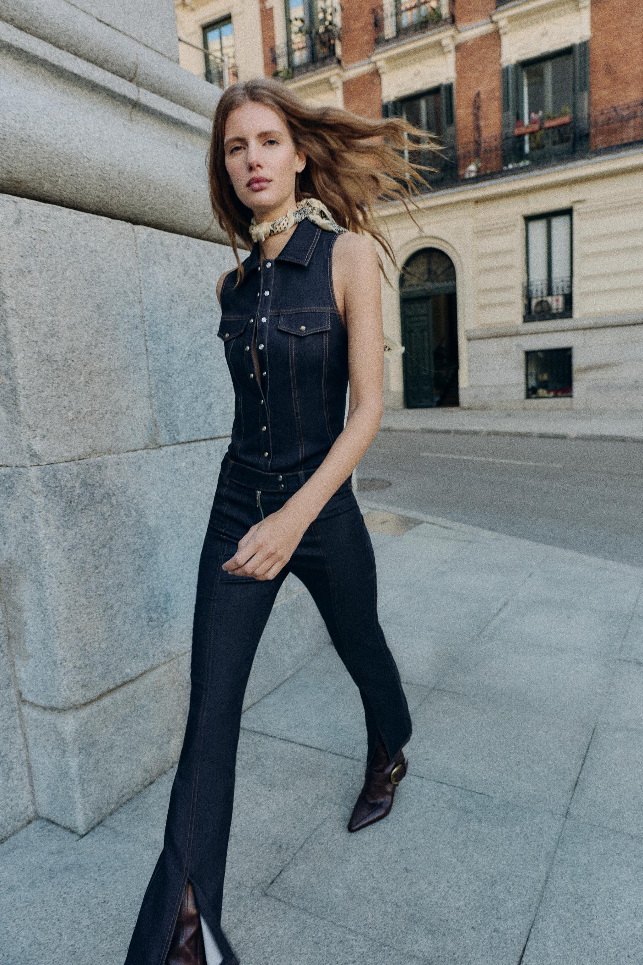 ZARA dark blue denim button up tank bodysuit