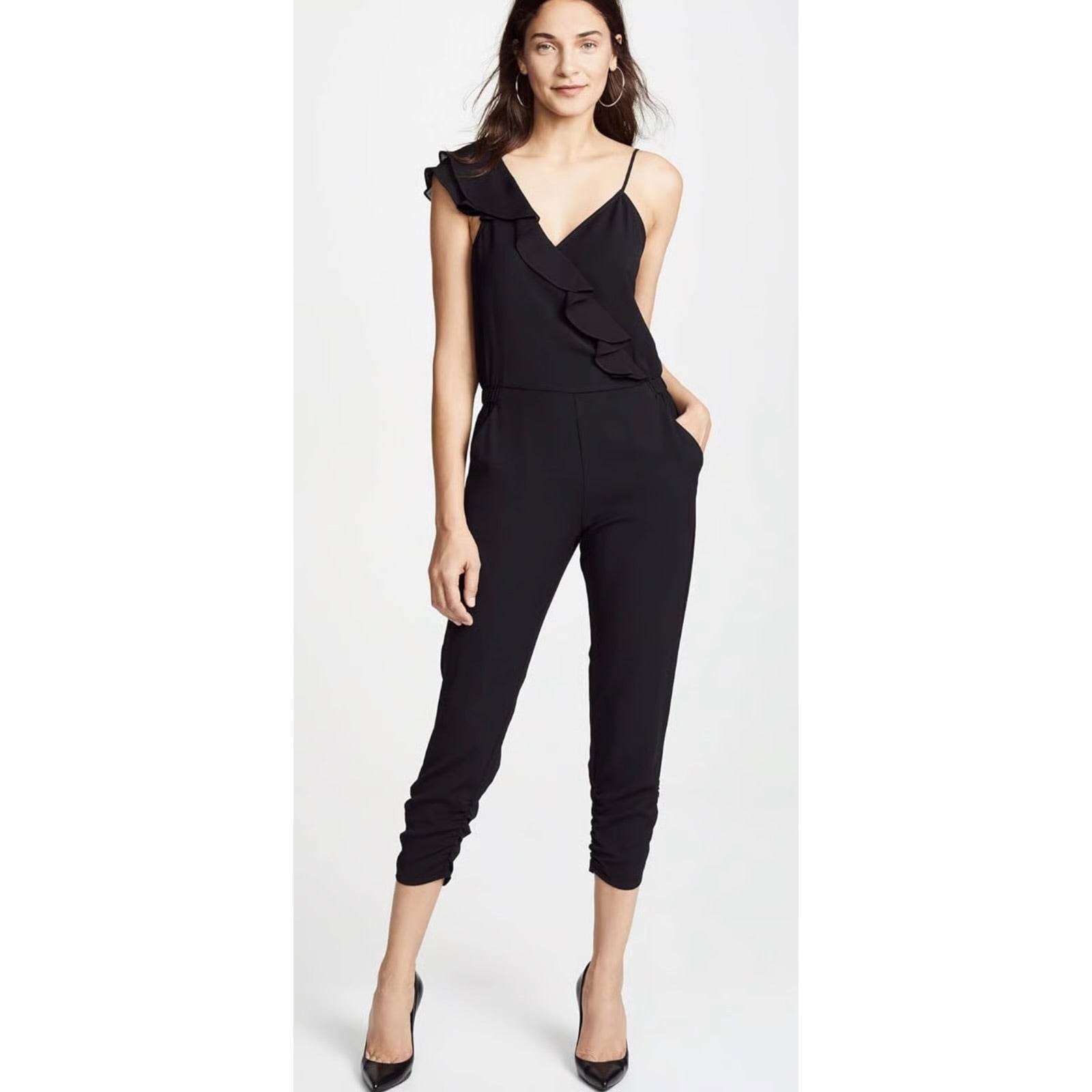 PARKER black jumpsuit NWT, one side spaghetti strep, one side ruffle tank top