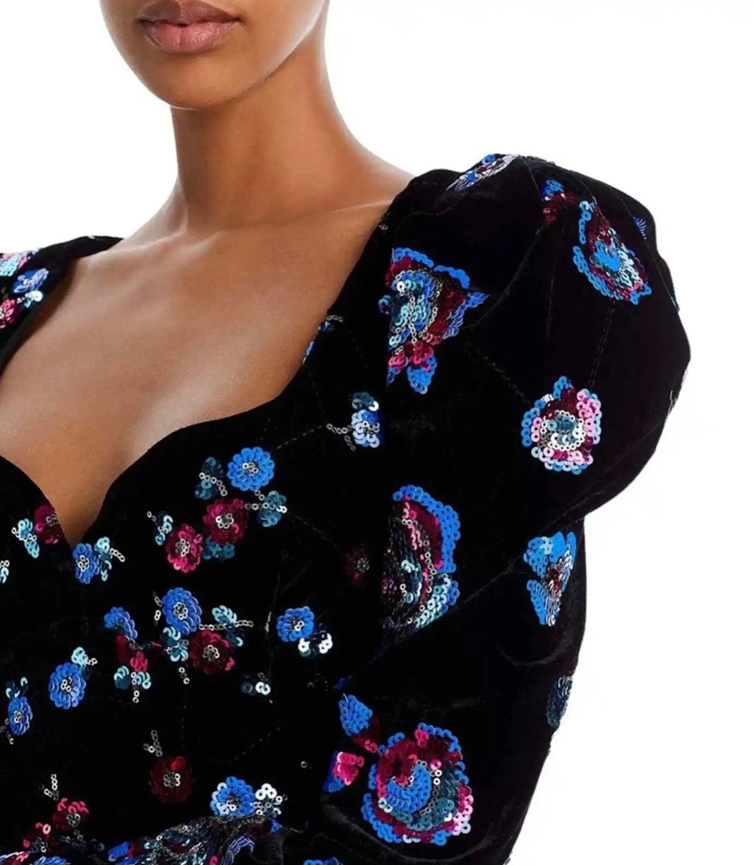 Sabina Musayev - Roserita Sequin Embellished Velvet Puff Shoulder Mini Dress