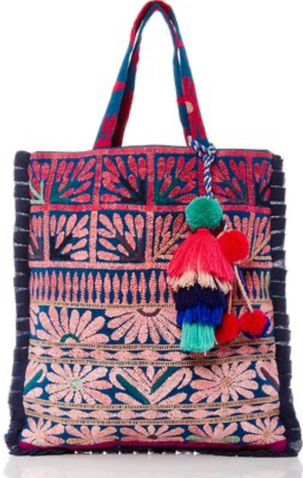 FIGUE pink floral design pom pom summer bag