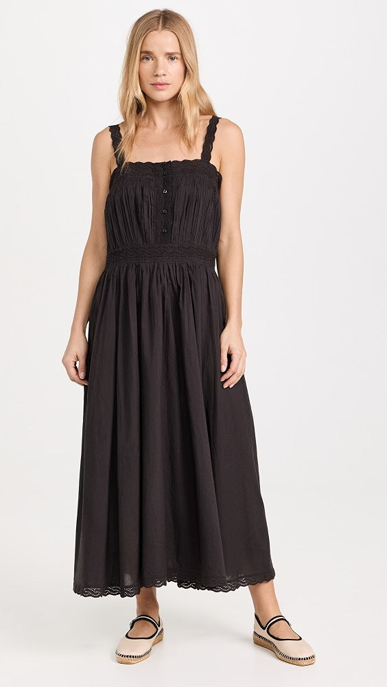 THE GREAT  black/charcoal maxi dress with buttons and eyelet straps