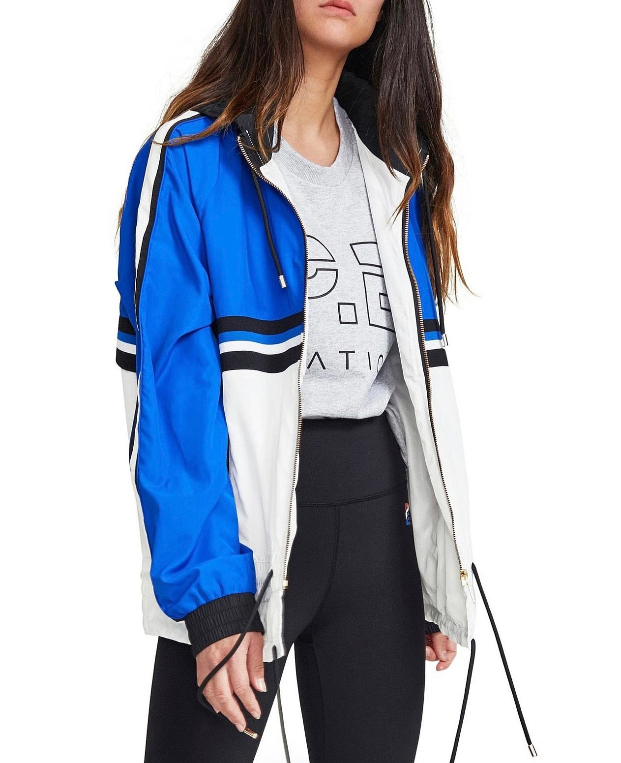 PE NATION nylon zip up jacket with hood, royal blue and white with stripe across center