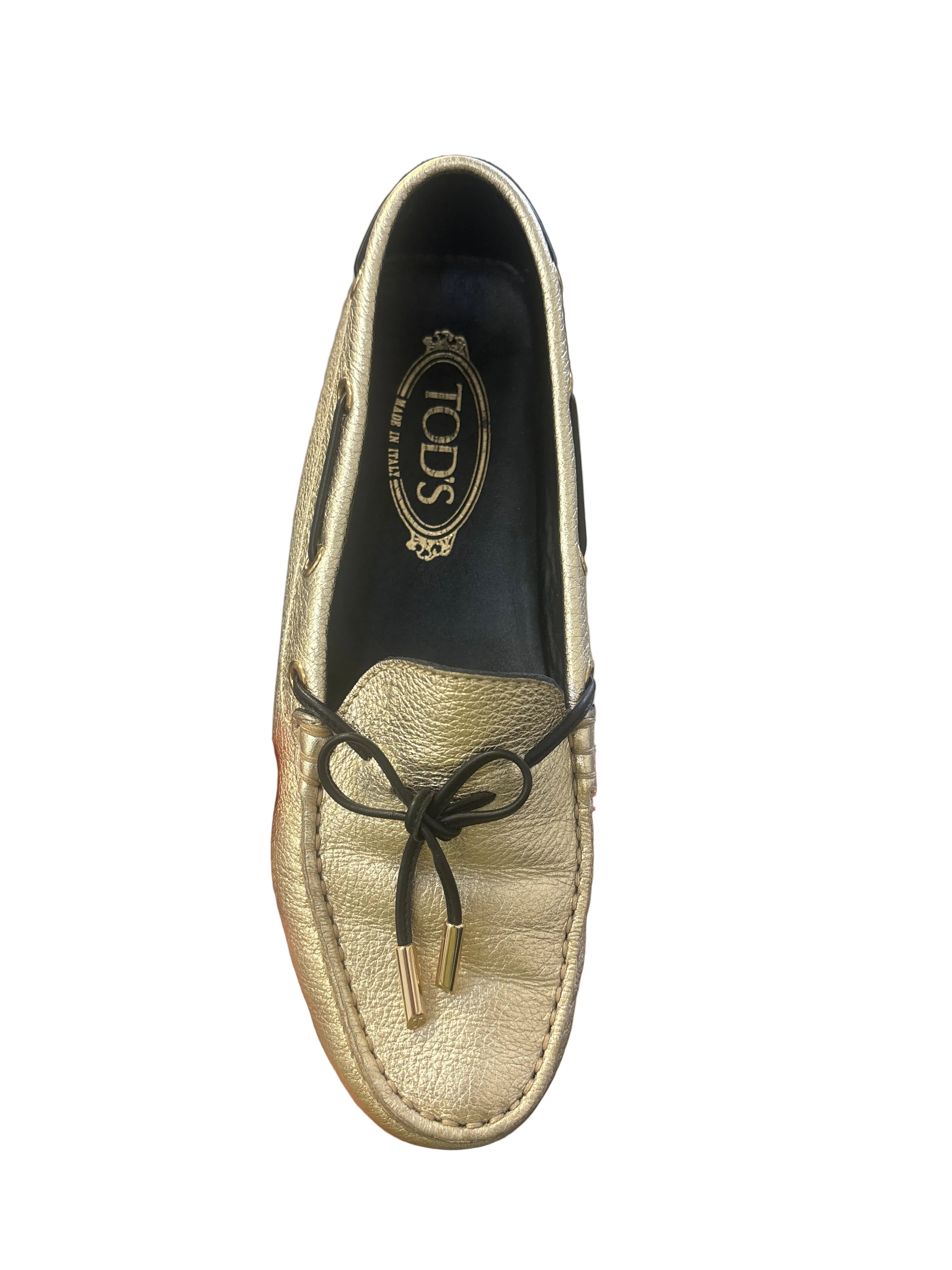 TODS black with gold accent patent leather flats