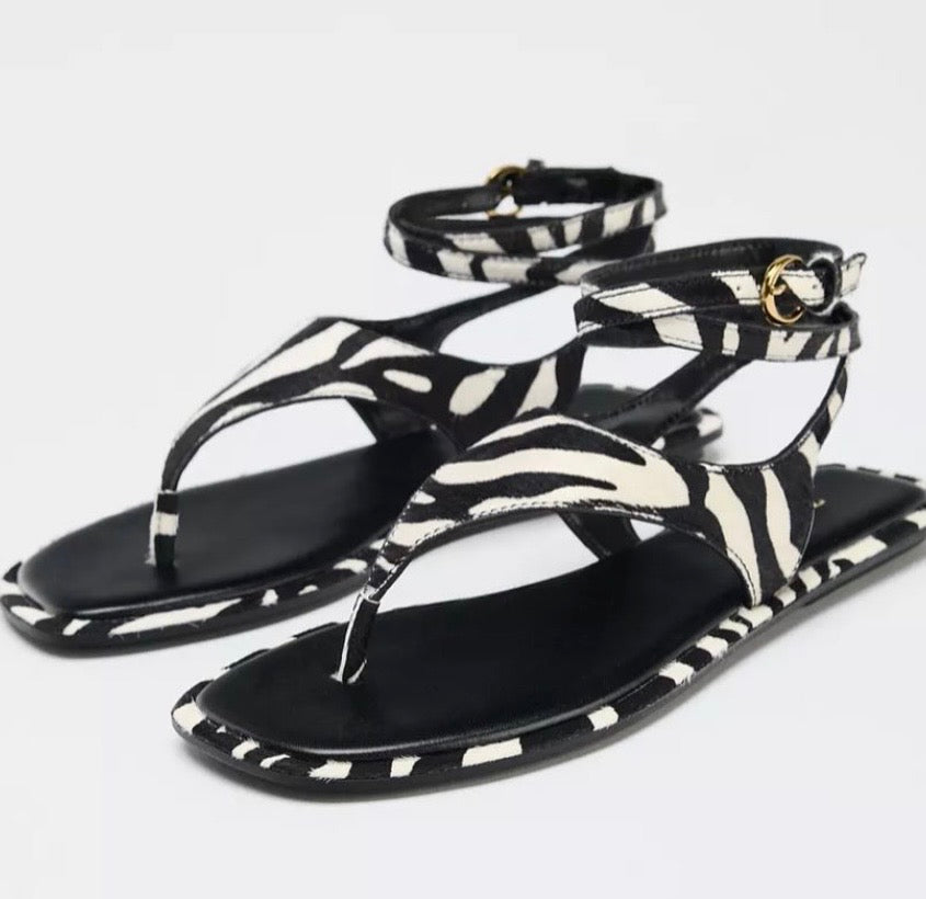 Zara Zebra Print Flat Thong Sandals
