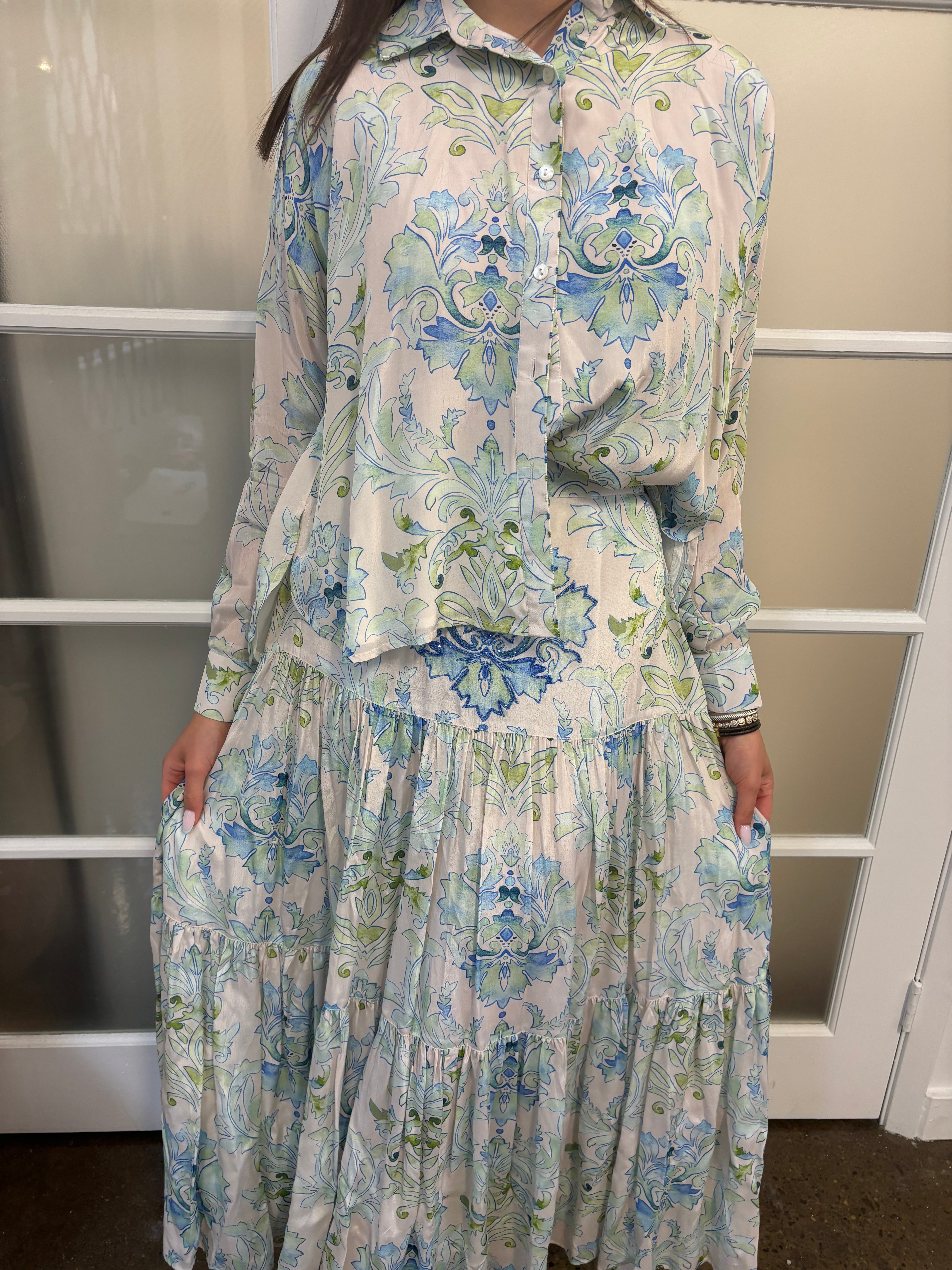 White, Blue & Green TAJ by SABRINA CRIPPA Salina Palm Skirt, Amara, Small