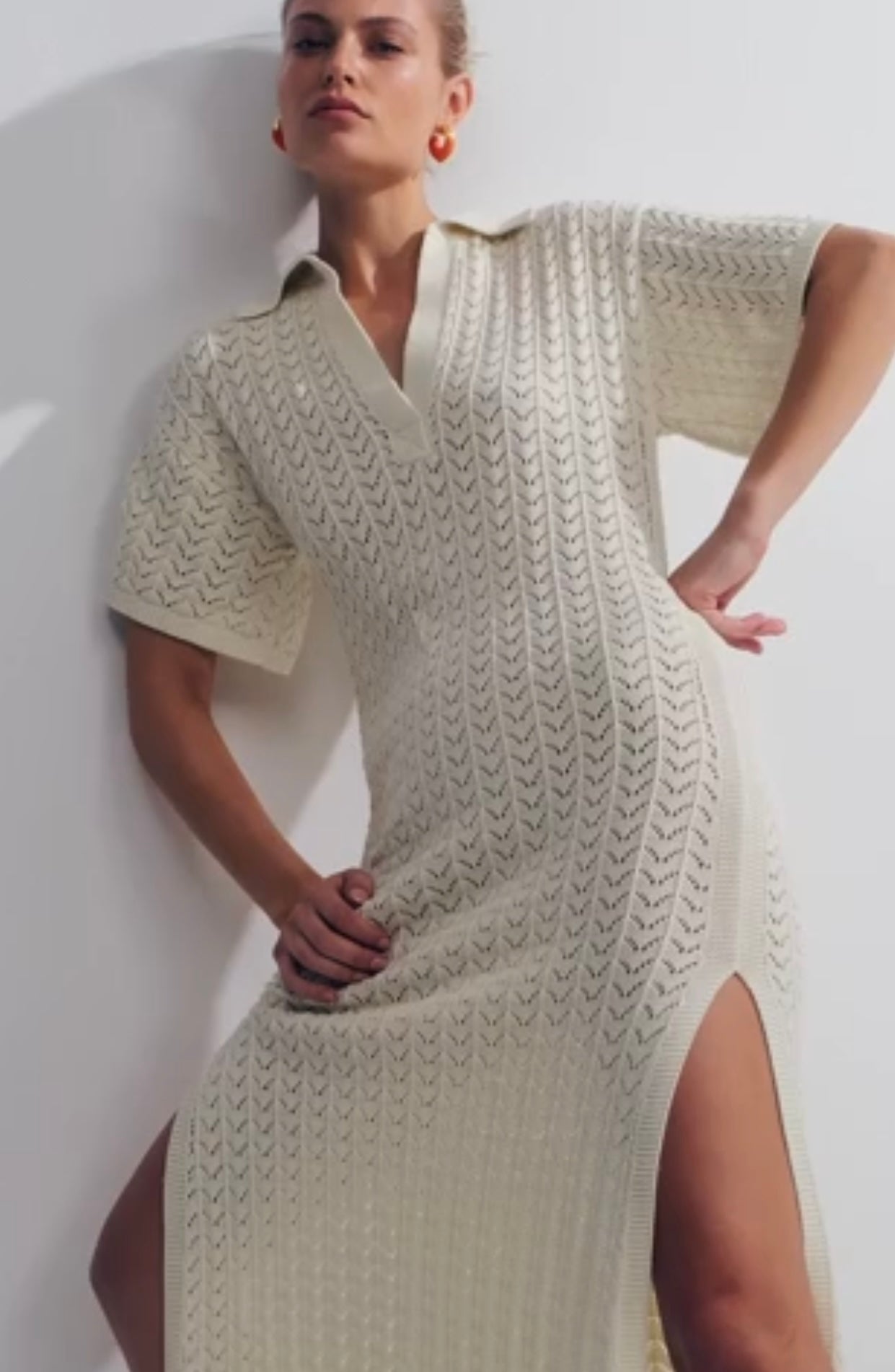 SHONA JOY - Mikala Crochet Polo Midi Dress - Coconut