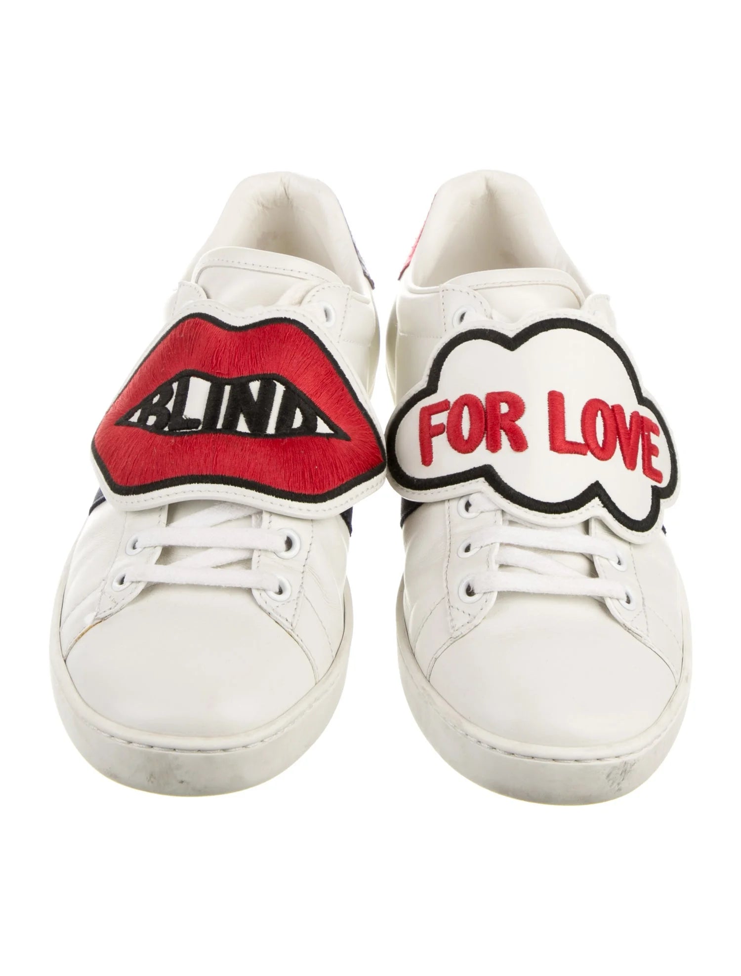 GUCCI white sneaker with BLIND FOR LOVE in red writing on top, w dust bags and box
