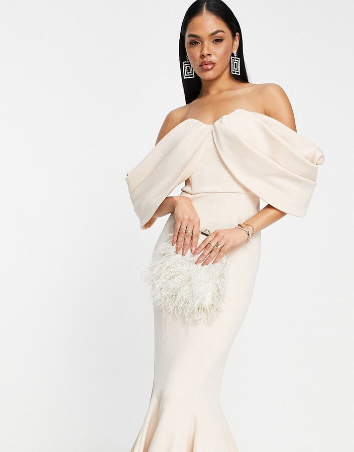 ASOS Design nude/light pink long gown with large bow design on chest