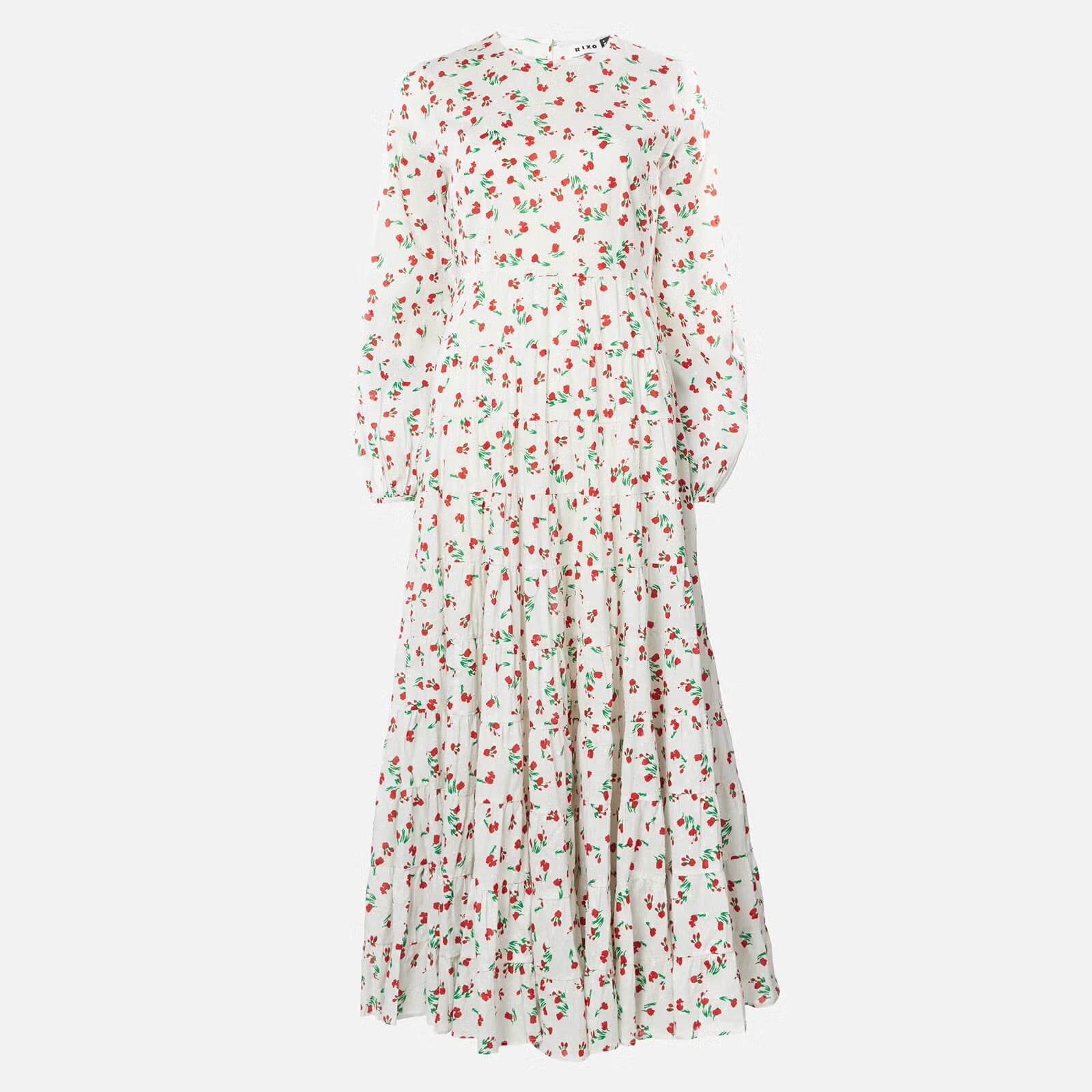 RIXO Pips Embroidered Floral Red White Green Buds Maxi Midi Dress