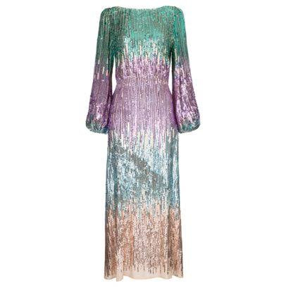 RIXO long sleeve maxi dress, rainbow sequins