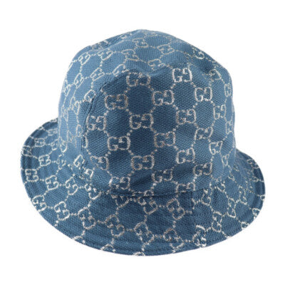 GUCCI blue denim bucket hat with silver logo all over
