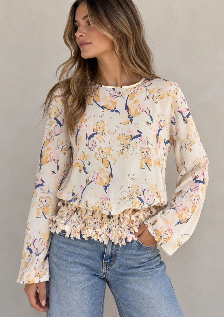 XU ZHI yellow, blue design blouse with braided and ruffle trim detail