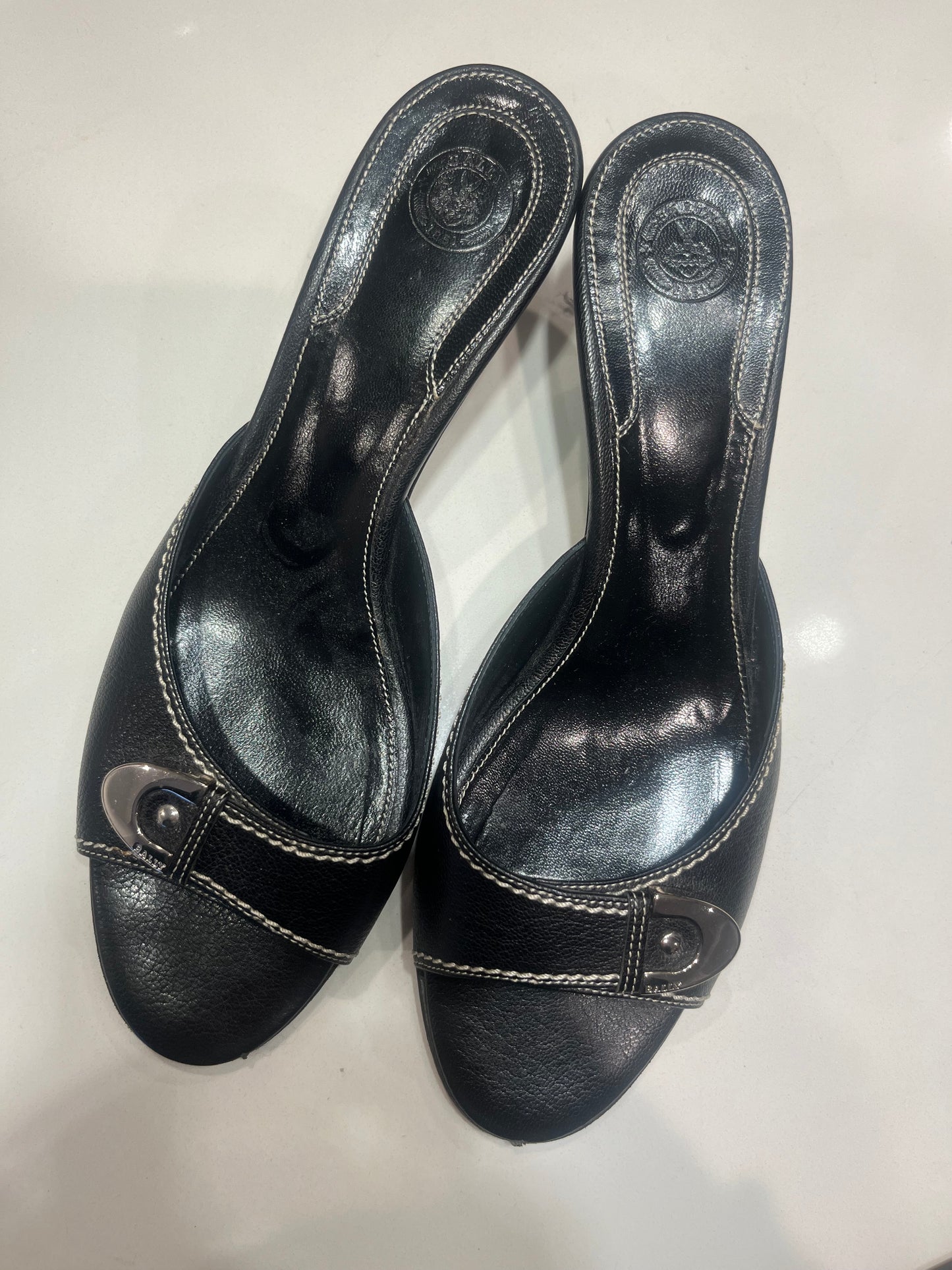 BALLY black leather buckle open toe slides with kitten heel