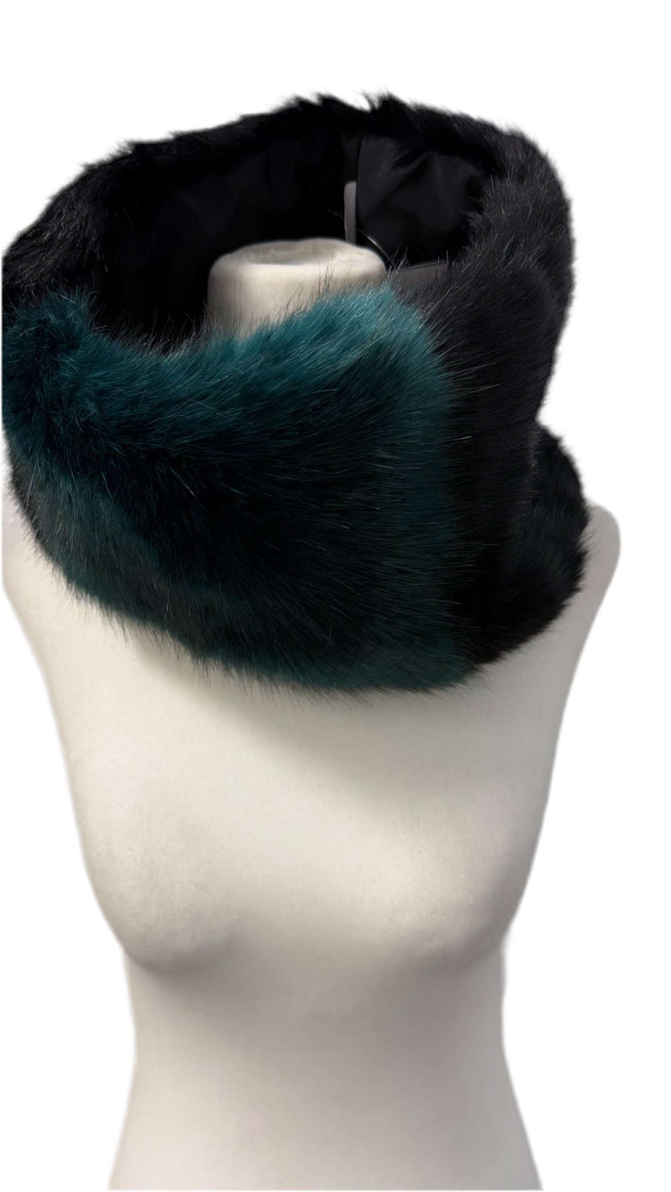 BARNEYS NEW YORK- BLACK/TEAL FAUX FUR NECK SCARF