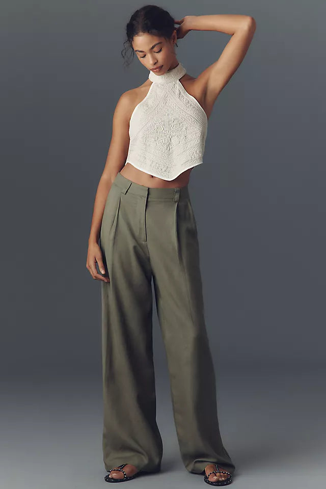 LIONESS green linen blend baggy/straight leg pants w pleats