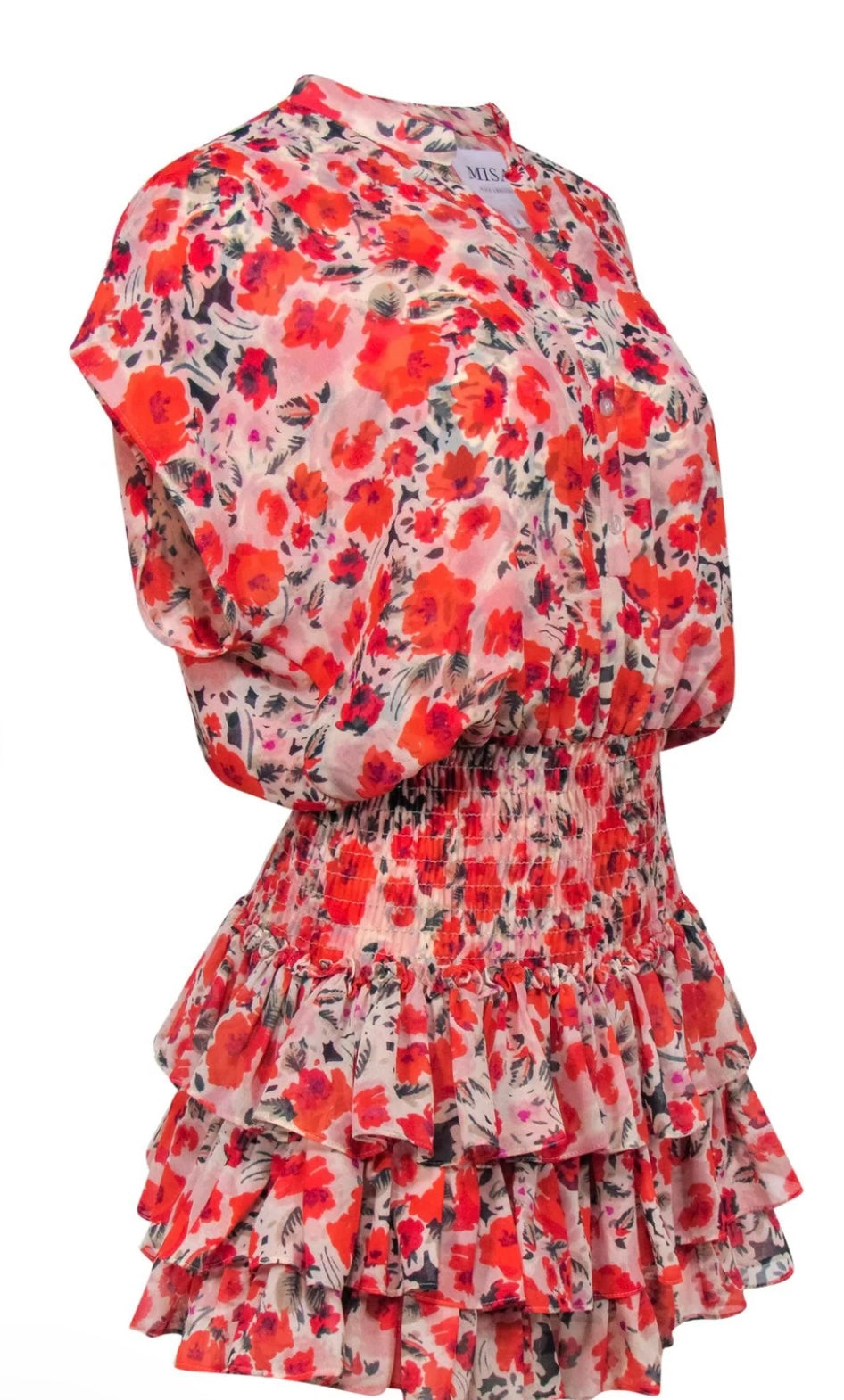 MISA LOS ANGELES- Pink & Red floral Print Cap Sleeve Ruffled Dress