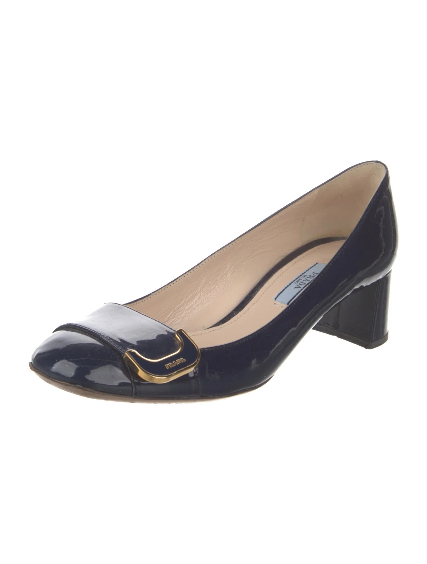 PRADA black patent block heels with gold accent buckle on cap toe
