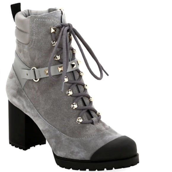 VALENTINO grey suede lace up heeled boots with silver rockstuds
