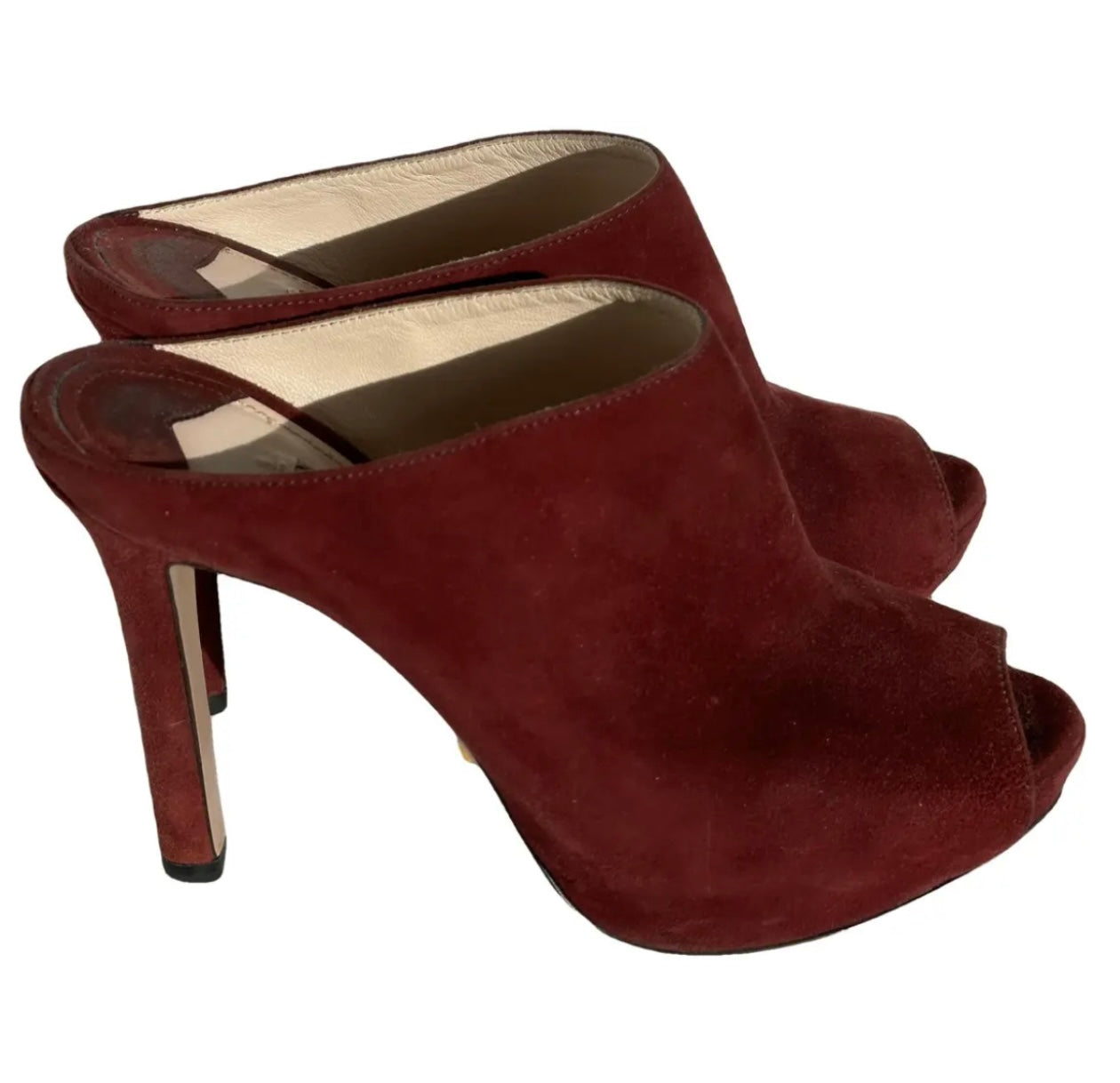 Prada- Burgundy Suede Peep Toe Mule Heel