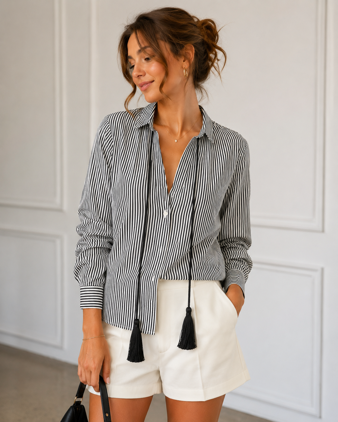 VICTORIA BECKHAM  black and white stripe blouse with black tassle rope tie on neck